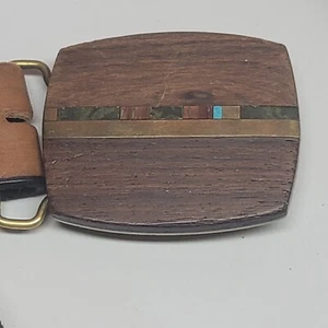 Solid Brass Belt Buckle With Wood And Turquoise Inlay Vintage Leather 43 Inch - Picture 1 of 10