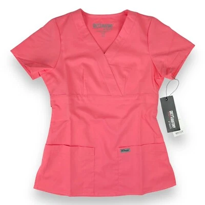 Grey’s Anatomy Scrub Top Women’s XXS 3-Pocket Mock Wrap Medical Fizz Coral #4153 - Image 1 of 4