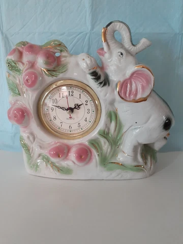 Elephant Mantle Clock Porcelain Ceramic White Pink Green Gold Vintage CLEARANCE Cover