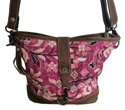 Myra Bag Pink Exuberance Cotton & Brown Leather Crossbody Shoulder Purse - Image 1 of 4