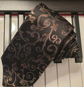 ALFANI Luxury Men's Skinny Tie Baroque Jacquard Floral Paisley Black Copper Gold - Picture 1 of 5