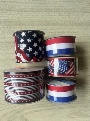 LOT OF 5 ROLLS RED WHITE BLUE WIRED AND REG RIBBON PATRIOTIC 28 Yards NOS VTG - Image 1 of 4