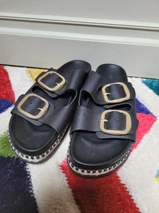 M&S Black Leather Double Buckle Footbed Flatform Sandals Sliders RRP £55 Size 4 - Picture 1 of 7