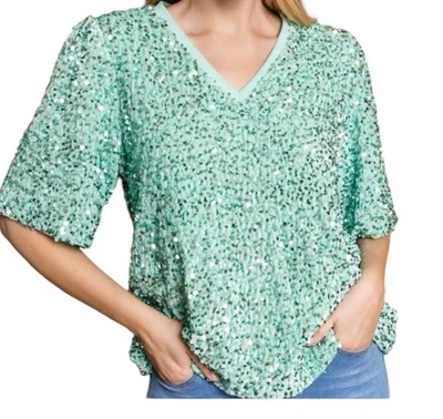 Blusa Joh Apparel verde perfeito lantejoulas gola V manga curta tamanho M - Imagem 1 de 4