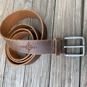 Ceinture vintage en cuir marron gravé boucle laiton taille 44 - Photo 1/15
