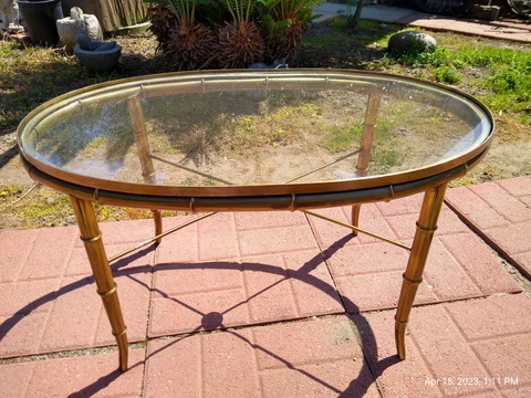 HOLLYWOOD REGENCY STYLE GLASS & BRASS TABLE, BAMBOO DESIGN Cover