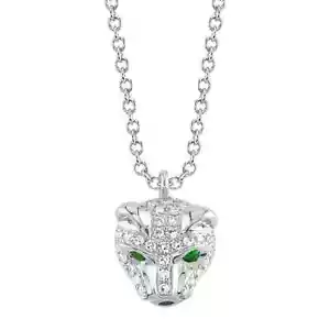 14K White Gold Diamond Emerald Panther Necklace Natural 0.14 CTW Round Cut - Picture 1 of 3
