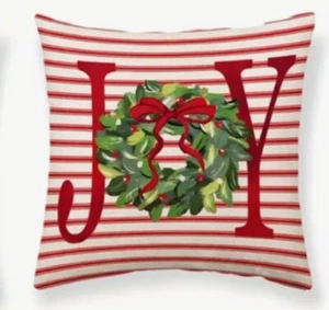 JOY Red Stripe Wreath Christmas Linen Throw Pillow Cover 18” Holiday Home Decor - Picture 1 of 6