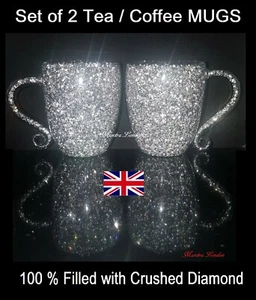 STUNNING 2 Tea Coffee Cup Mug 100% Crushed Diamond Glitter Sparkly LUXURY Gift  - Picture 1 of 4