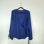 Trouve Womens Large Wrap Top Blouse Blue V Neck Tie French Cuff Long Sleeves