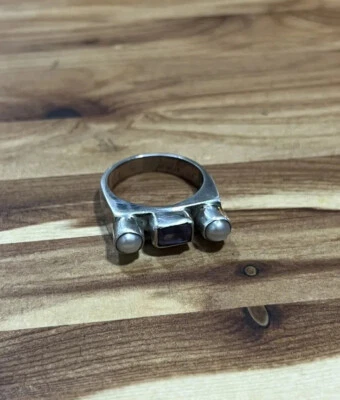 Unique Vintage pearl amethyst heavy  Ring Sterling Silver 925 Size 6.5 - Image 1 of 4