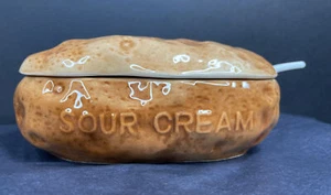 Plato de cerámica de crema agria Lefton al horno vintage con tapa y cuchara - Imagen 1 de 7