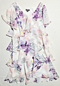 SLNY Ivory Purple Floral Tiered Flutter Sleeve Sheath Dress Women's Size 6 - Picture 1 of 3