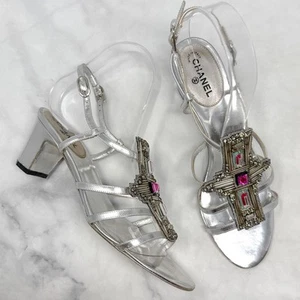 CHANEL Vintage CC Coco Mark Rhinestone Low Mid Leather Sandal Heels Silver 37.5 - Picture 1 of 13