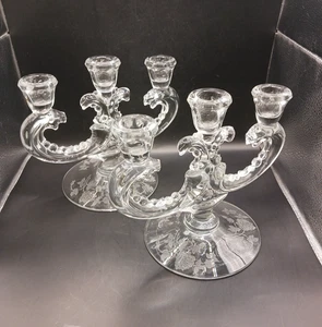 Pair of MCM Art Deco Heisey Waverly 3 Light Candelabra with "Rose Etched" Base - Picture 1 of 13