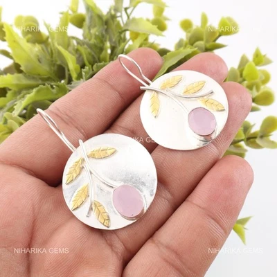 Orecchini Unici A Goccia Trendy Boho In Chalcedon Rosa Ovale In Argento 925 - Immagine 1 di 4