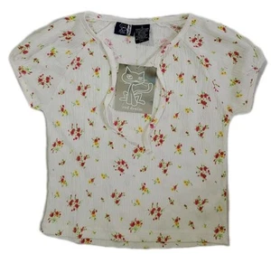 Red Denim Shirt Girls L Large 14 White Floral Print Short Sleeve - Picture 1 of 6