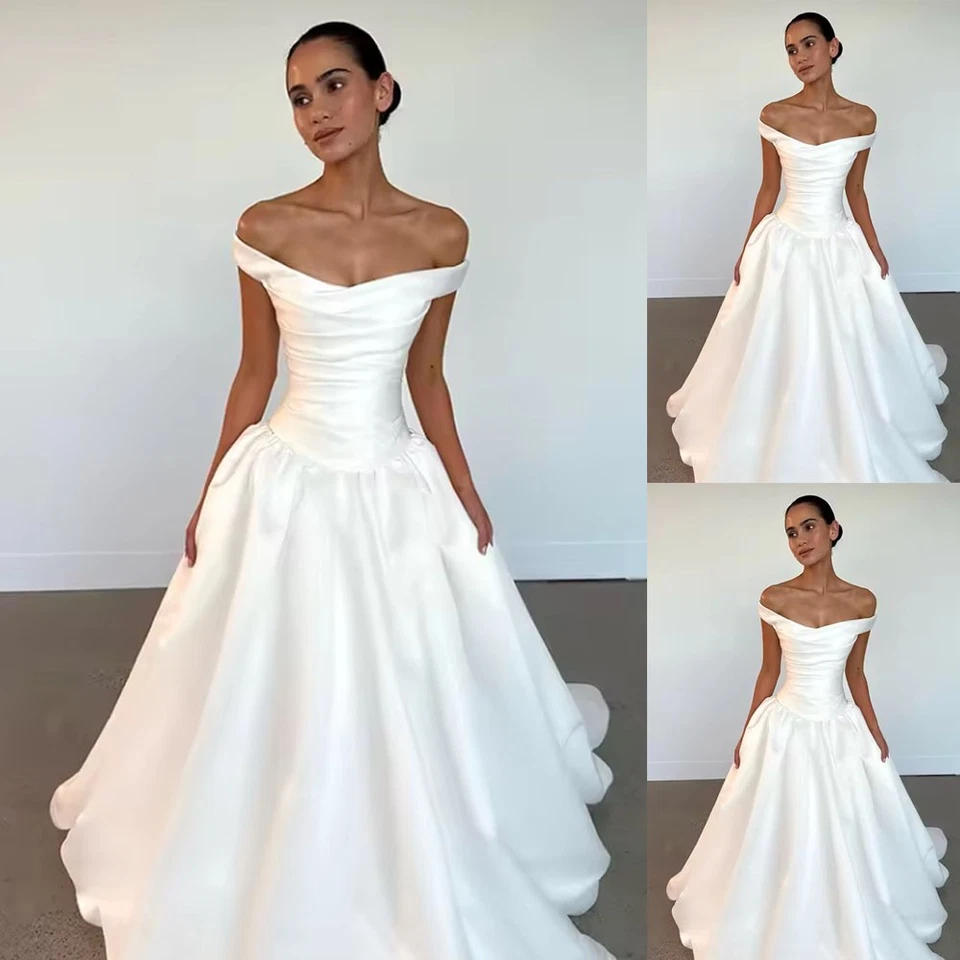 Elegante vestido de novia de princesa con hombros descubiertos blancos línea A Foto 1 de 4