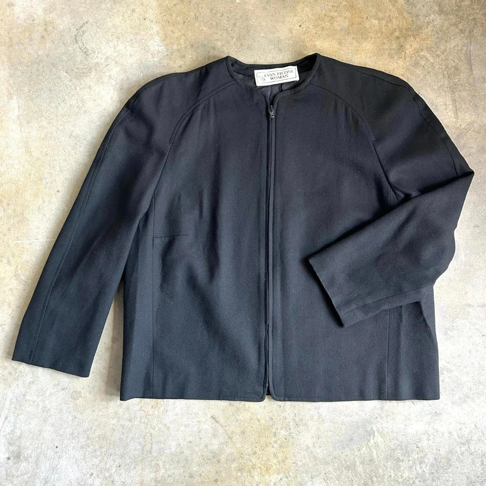 Chaqueta de lana Evan Picone vintage negra con cremallera para mujer EE. UU. 16W 1960 Foto 1 de 4