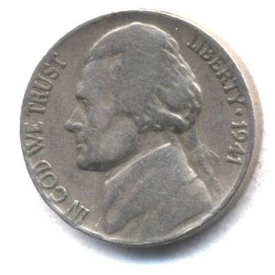 1941 P JEFFERSON NICKEL SCARCE RARE US AMERICAN OLD AUCTION  5 CENT COIN #104 - Image 1 of 2