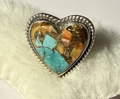 Кольцо в форме сердца из стерлингового серебра 925 пробы с бирюзой устрица медь размер 7 - Изображение 1 из 4