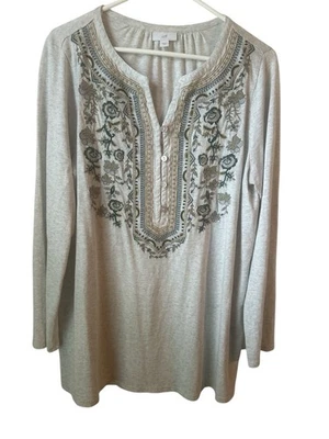 J Jill Tunic Top Blouse Women Medium Geometric Floral Embroidered Light Gray - Image 1 of 4