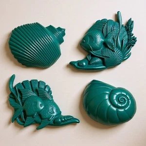 4 Vintage Burwood Bathroom Wall Decor Fish Seashells - Picture 1 of 7