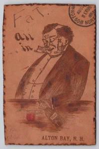 Alton Bay New Hampshire Fat And All In Rye Whiskey Man 1908 US Leather Postcard - Picture 1 of 2