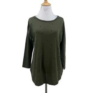 Bobeau Green Heart Print Top Womens S Small 3/4 Sleeves Curved Hem Stretch Shirt - Picture 1 of 11