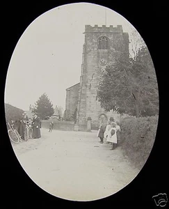 Glass Magic Lantern Slide PEOPLE OUTSIDE A CHURCH C1910 POSSIBLY ISLE OF MAN . - Picture 1 of 2