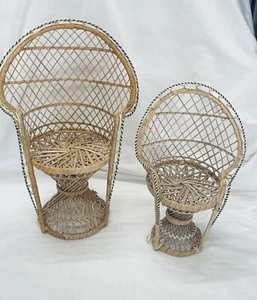 Lot Of 2 Vintage Wicker Rattan Doll Chairs 16” & 12” Peacock Fan Boho Style - Picture 1 of 5