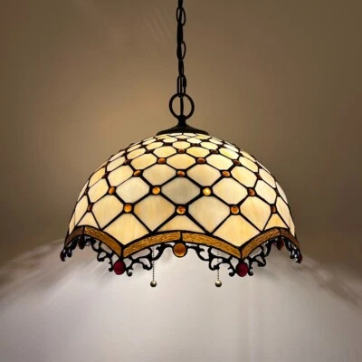 Tiffany Style Hanging Lighting Beige Stained Glass LED Bulbs 75'H*16"W*16"D - Image 1 of 4