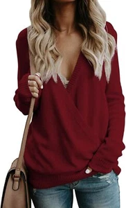 Womens 2024 V-Neck Wrap Sweater Long Sleeve Front Cross Loose Knitt Fall Winter - Picture 1 of 5