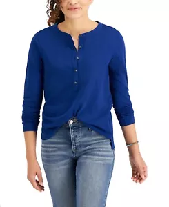/LX009/ Style & Co Petite Cotton Knit Henley Top Admiral Blue Sz PXL - Picture 1 of 3