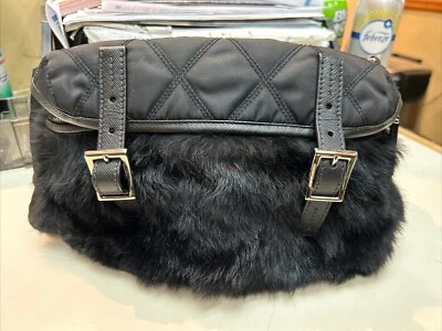 Prada Saffiano Furry Double Buckle Black Nylon & Leather Fanny Pack Belt Bag - Image 1 of 4