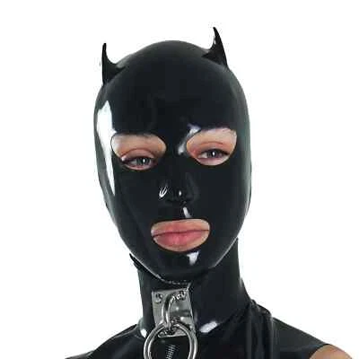 Máscara de látex con cuernos de diablo capucha de goma disfraces traje de gato ropa de club nocturno BDSM fetiche Foto 1 de 3