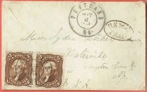 [st8080] 1863 (76) pair 5¢ brown on cover from Portland ME to Waterville CANADA - Picture 1 of 3