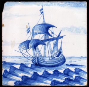 GREAT EARLY 18th. CENTURY DELFT TILE DEPICTING A GALLEON AT SEA - Picture 1 of 2