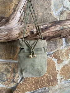 Vtg. Suede Rodo Drawstring Purse Made In Italy — Camo Green - Picture 1 of 14