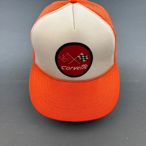 Vintage 80s Corvette Racing Hat Trucker Cap Size M/L Orange Mesh Checkered Flag - Picture 1 of 15