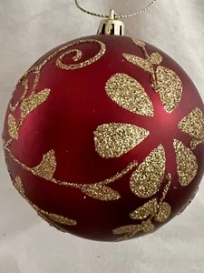 Dark Red Gold Glitter floral design 4”Christmas Ornament Ball shatterproof - Picture 1 of 1