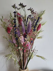 DRIED FLOWER BOUQUET 40CM HANDMADE NATURAL MIXED - NATURAL, RASPBERRY & LILAC - Picture 1 of 4