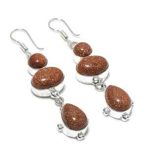 Red Goldstone Gemstone Handmade 925 Sterling Silver Jewelry Earring Size 2.5" - Picture 1 of 1
