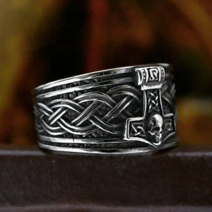 Nordic Viking Celtic Thor’s Hammer Ring Stainless Steel Men's Retro Skull Ring - Picture 1 of 1