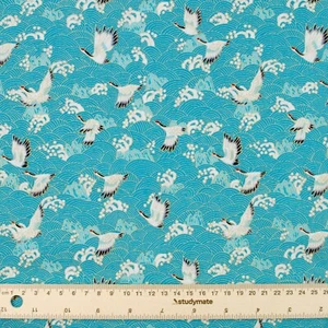 Gold Embossed Japanese Waves Blue Cotton Fabric Fat Quarter Quilting FQ #0102 - Picture 1 of 2