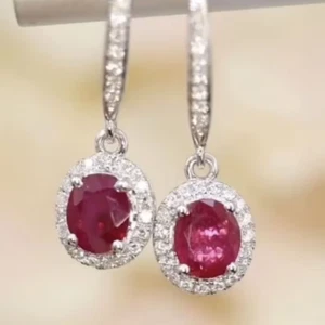 2.50CT Oval Natural Ruby & Diamond Dangle Earrings For Christmas Gift 14k Gold - Picture 1 of 14