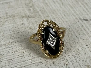 Filigree Cocktail Ring Womens Size 4.5 Black Oval Onyx Comfort Fit Band - Picture 1 of 11
