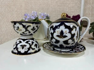 Uzbek Porcelain Tea Set – Handcrafted Cobalt Blue & Gold Cotton Pattern – Teapot - Picture 1 of 6