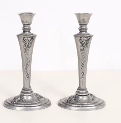 Candelabro cónico de peltre Carson vintage par de uvas de viña 7,5" Foto 1 de 4