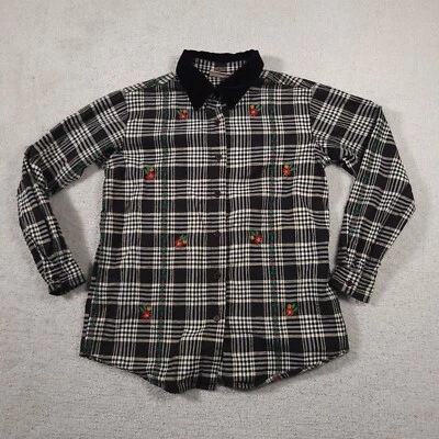 Basic Editions Holiday Button Up Plaid Shirt Women's Medium Velour Collar Winter - Image 1 of 4